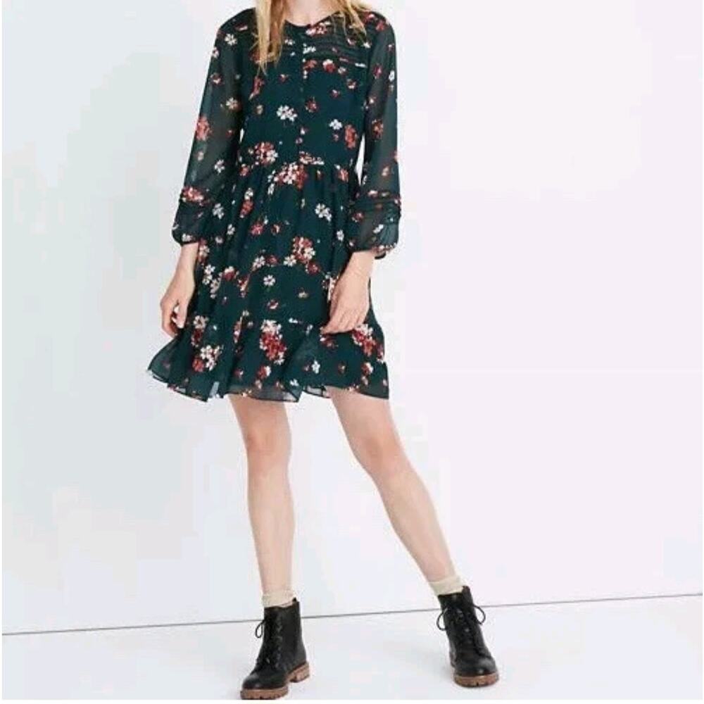 Madewell Sheer Sleeve Pintuck Ruffle Mini Dress Green Spruce Floral Small 6